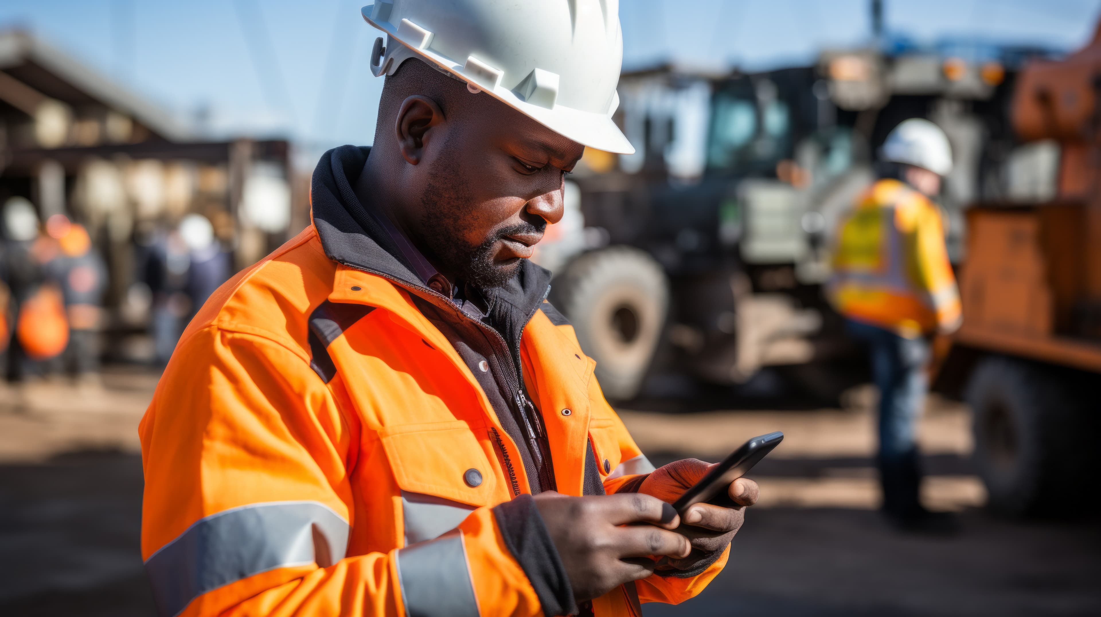 Construction worker in high-vis checking phone on site